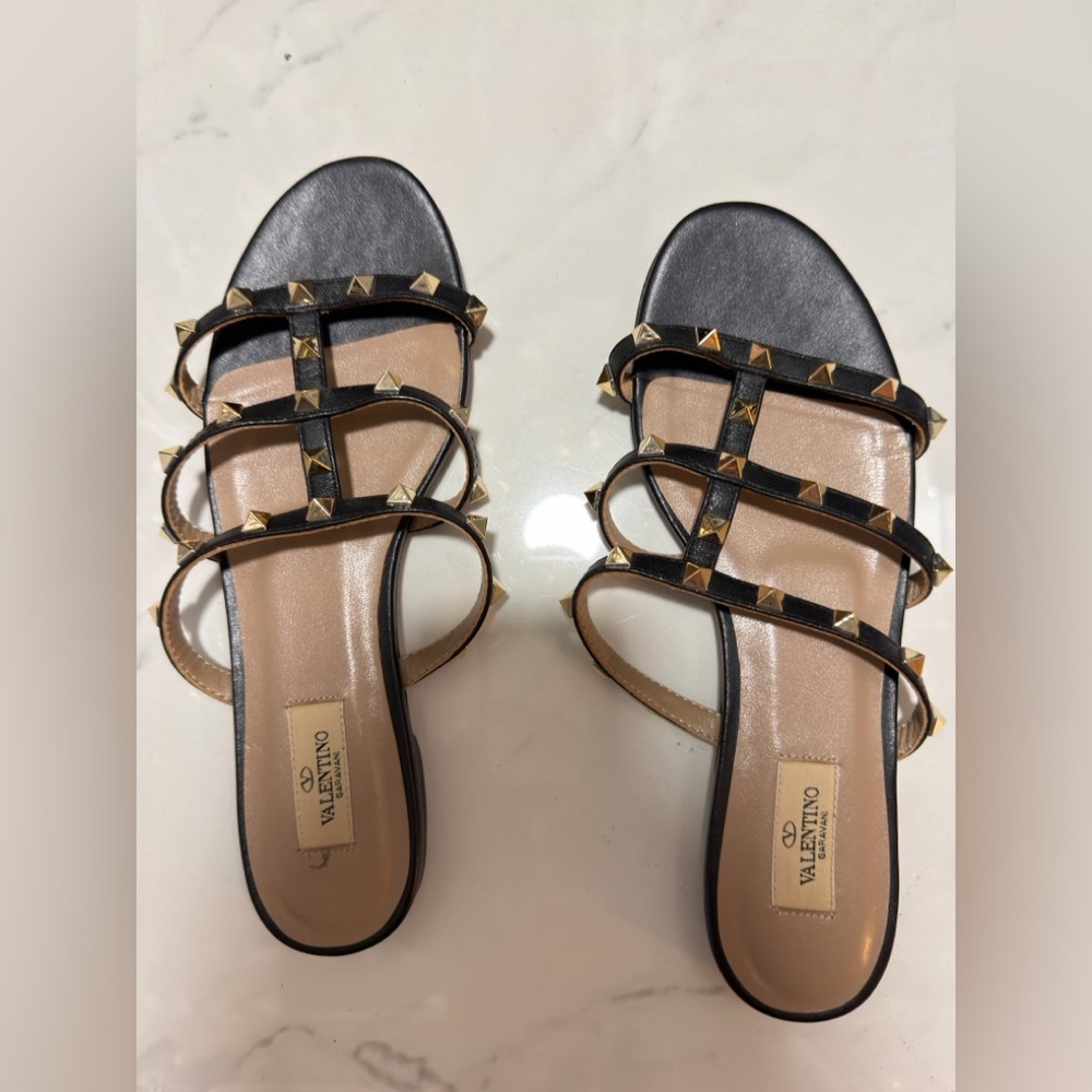 Valentino Black and Gold Studded Sandals
